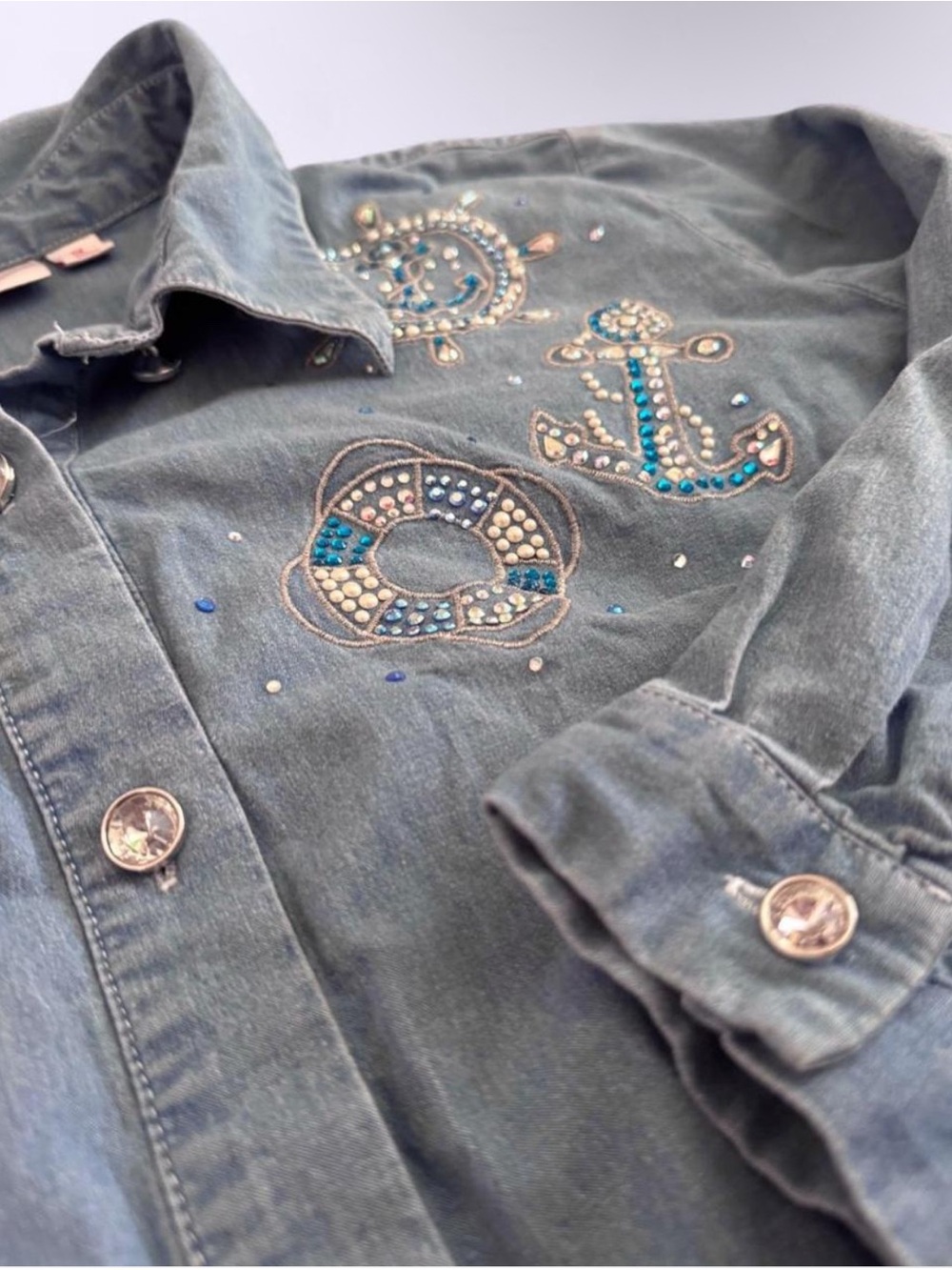 Quacker Factory Denim Rhinestone Cruise Nautical Button Front Shirt Top Size 1X